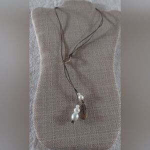 Handmade White Pearl & Feather Charm And Metallic Brown Leather Boho Necklace